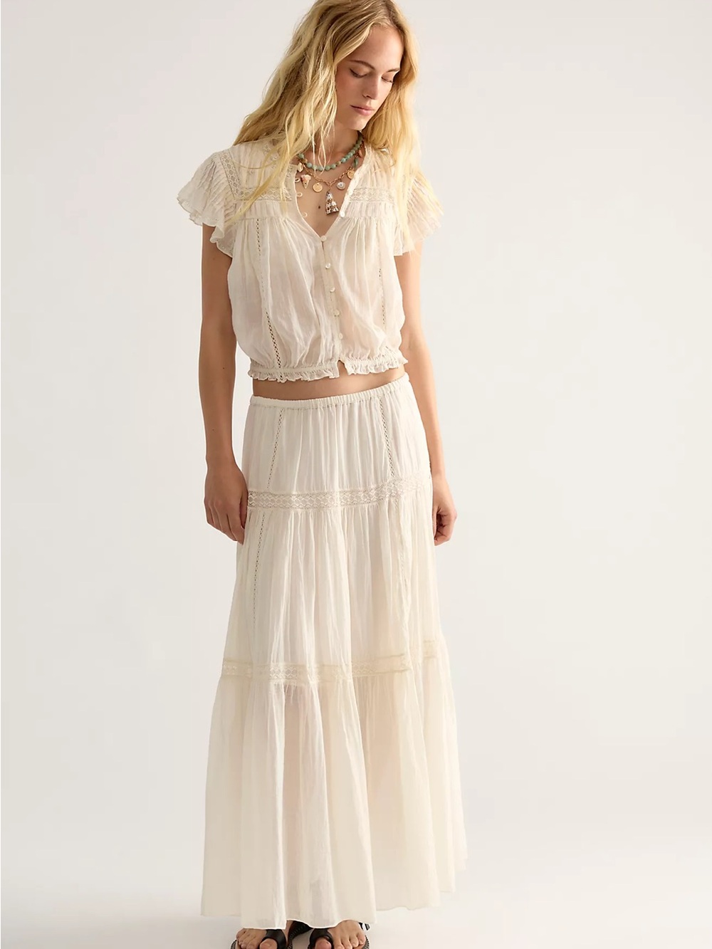 NWT Free People Set Cream Bohemian Tiered Maxi Skirt and top 100% cotton